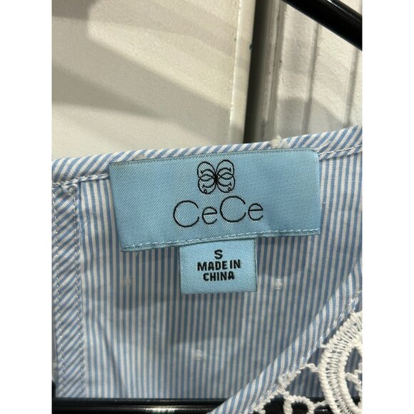 CeCe Blue Swiss Dot Blouse Lace Yoke Puff Sleeves Sz S Coastal Cowgirl Feminine - Picture 6 of 11